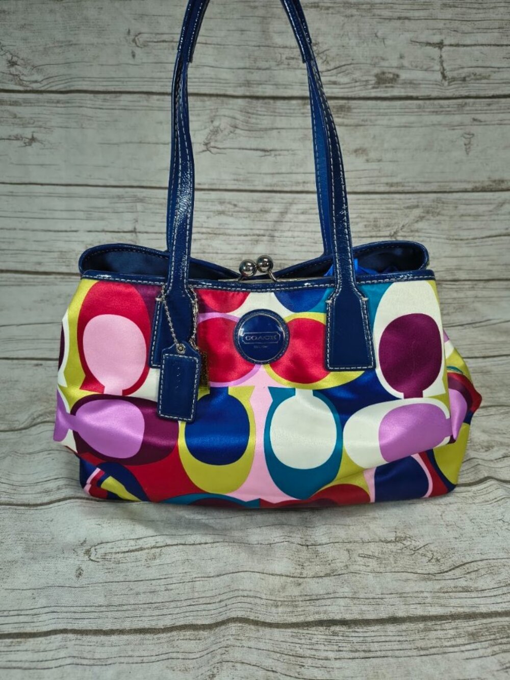 Coach Multicolor Signature Print Blue Leather Handbag